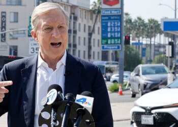 Democratic gubernatorial candidate Tom Steyer speaks at a news conference April 9 outside a Los Angeles gas station showing gas prices above $8 per gallon amid the war in Iran.