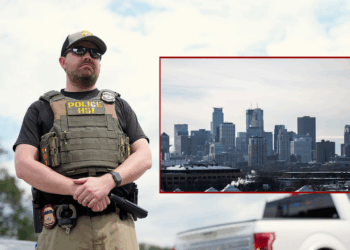 (R) A general view of downtown on December 4, 2025 in Minneapolis, Minnesota. The Trump administration has targeted the Somali immigrant community as ICE increased operations in Minnesota this week. (Photo by Stephen Maturen/Getty Images) / (Background) A Homeland Security Investigations (HSI) officer, the investigative arm of the U.S. Department of Homeland Security (DHS), stands by as the U.S. Park Police inspect a vendor