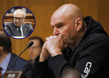 (Background) U.S. Sen. John Fetterman (D-PA) listens during a confirmation hearing for U.S. Sen. Markwayne Mullin (R-OK) to be the next Secretary of the Department of Homeland Security in the Dirksen Senate Office Building on March 18, 2026 in Washington, DC. President Trump nominated Mullin to replace Kristi Noem as DHS Secretary. (Photo by Anna Moneymaker/Getty Images) / (L) U.S. Senate Minority Leader Chuck Schumer (D-NY) speak to reporters after a roundtable on rising energy costs on Capitol Hill on March 17, 2026 in Washington, DC. Senate Democrats held the hearing to discuss the rise of energy prices for people in the United States. (Photo by Anna Moneymaker/Getty Images)