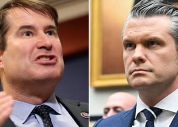 Rep. Seth Moulton, left, a Massachusetts Democrat, leveled the accusations at War Secretary Pete Hegseth during a CNN interview.