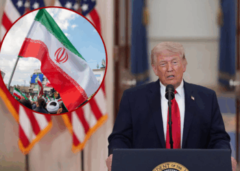 (L) TEHRAN, IRAN - APRIL 1: Members of security forces watch over the crowd during a funeral procession held for IRGC Navy Chief Alireza Tangsiri, alongside other senior naval commanders and their families who were killed in US-Israeli strikes in late March, on April 1, 2026 in Tehran, Iran. The United States and Israel continued their joint attack on Iran that began on February 28. Iran retaliated by firing waves of missiles and drones at Israel, and targeting U.S. allies in the region. (Photo by Majid Saeedi/Getty Images) / (Background) WASHINGTON, DC - APRIL 1: U.S. President Donald Trump speaks from the Cross Hall of the White House on April 1, 2026 in Washington, DC. Trump used the prime-time address to update the nation on the war in Iran. (Photo by Alex Brandon-Pool/Getty Images)