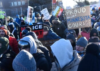 Protesters against Immigration and Customs Enforcement converge on the Whipple Federal Building in Minneapolis on Jan. 29.