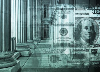 Large $100 bill inside government building with pillars