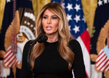 First lady Melania Trump, pictured speaking in a March 12 photo from the East Room of the White House.