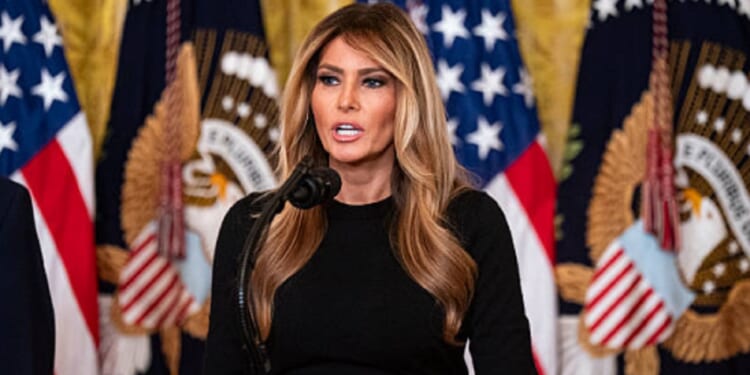 First lady Melania Trump, pictured speaking in a March 12 photo from the East Room of the White House.