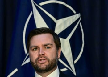 Vice President J.D. Vance speaks in front of the NATO logo in February 2025 at the 61st Munich Security Conference in Munich, Germany.