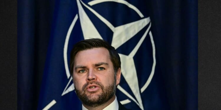 Vice President J.D. Vance speaks in front of the NATO logo in February 2025 at the 61st Munich Security Conference in Munich, Germany.