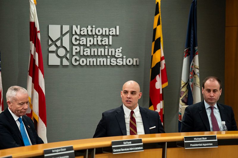 WASHINGTON, DC - APRIL 2: (L-R) National Capital Planning Commission (NCPC) member and General Services Administration head Ed Forst, NCPC Commissioner Michael Blair, and NCPC Chairman Will Scharf participate during a meeting to vote on the proposal for a new $400 million ballroom at the White House, on April 2, 2026 in Washington, DC. The commission approved Trump's White House ballroom project after a vote. Previously, a federal judge issued a preliminary injunction, temporarily blocking any further construction at the former site of the White House East Wing. (Photo by Al Drago/Getty Images)