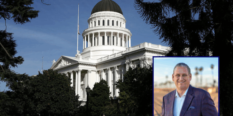 (Background) A view of the California State Capitol February 19, 2009 in Sacramento, California. After days of wrangling, the California State Senate secured the necessary two-thirds majority to pass a $41 billion budget after Sen. Abel Maldonado (R-Santa Maria) broke party lines and voted for the budget. (Photo by Justin Sullivan/Getty Images) / (R) California State Senator Tony Strickland (via: sr36.senate.ca.gov)