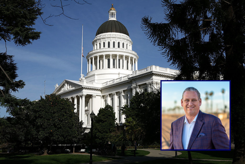 (Background) A view of the California State Capitol February 19, 2009 in Sacramento, California. After days of wrangling, the California State Senate secured the necessary two-thirds majority to pass a $41 billion budget after Sen. Abel Maldonado (R-Santa Maria) broke party lines and voted for the budget. (Photo by Justin Sullivan/Getty Images) / (R) California State Senator Tony Strickland (via: sr36.senate.ca.gov)