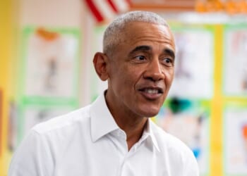 Former President Barack Obama speaks with students during a visit to Learning Through Play Pre-K with Mayor Zohran Mamdani on April 18, 2026, in the Bronx borough of New York City.