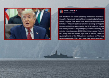 (L) U.S. President Donald Trump speaks in the Oval Office after signing an Executive Order April 18, 2026 in Washington, DC. The executive order directs the Food and Drug Administration to issue new guidance on the use of psychedelic drugs intended for clinical trials for U.S. veterans suffering from Post Traumatic Stress Disorder. 2 (Photo by Tasos Katopodis/Getty Images) / (R) President Donald Trump Truth Social post / (Background) A navy vessel is seen sailing in the Strait of Hormuz, a vital waterway through which much of the world