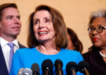 Then-House Minority Leader Nancy Pelosi, a California Democrat, is seen in a file photo from Nov. 28, 2018, with fellow Democrats Rep. Eric Swalwell, of California, and Rep. Joyce Beatty of Ohio. Until he announced his resignation in disgrace Monday, Swalwell was a familiar sight in Democratic Party photo ops on Capitol Hill, but none of his colleagues will admit to knowing anything about his alleged sexual aggression against multiple females.