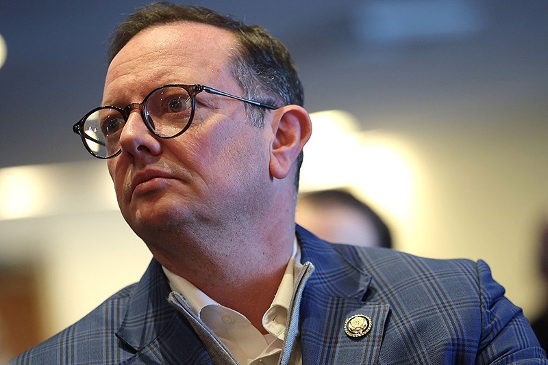 WASHINGTON, DC - JANUARY 20: U.S. Rep. Eric Burlison (R-MO) listens to witness testimony from the 1996 Brazilian UFO incident known as the "Roswell of Brazil" during a press conference on UAP and UFO encounters at the National Press Club on January 20, 2026 in Washington, DC. The press conference, organized by filmmaker James Fox and focused on the 1996 alleged UFO crash in Brazil, called for expanded whistleblower protection and greater transparency to the public. (Photo by Kevin Dietsch/Getty Images)