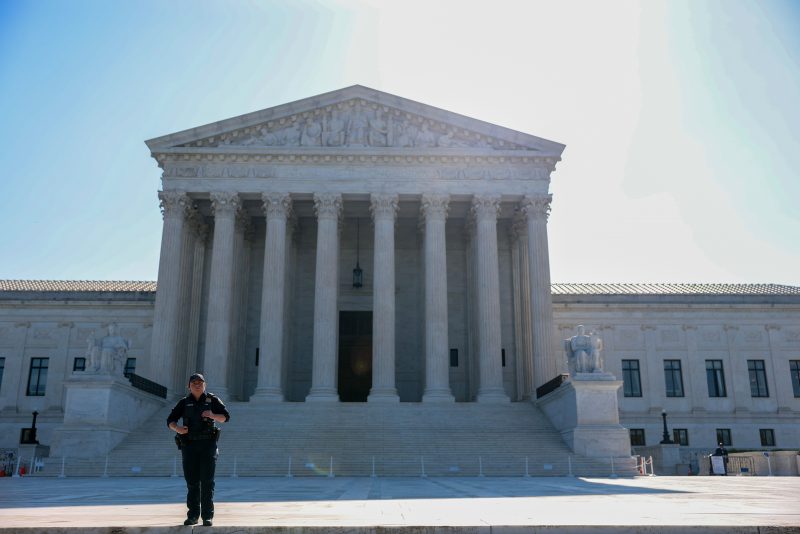 WASHINGTON, DC - APRIL 27: Supreme Court Police standby as "The People vs the Poison" protesters gather at the US Supreme Court on April 27, 2026 in Washington, DC. The Supreme Court is set to hear arguments this morning in a case that could lead to the dismissal of tens of thousands of lawsuits against Bayer, the pharmaceutical and biotech giant, that claim the weedkiller Roundup, made by Monsanto, caused non-Hodgkin lymphoma. (Photo by Tasos Katopodis/Getty Images)