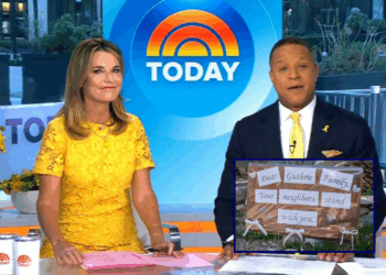 (Background) Screen capture of Savannah Guthrie and Craig Melvin hosting the TODAY show on Monday, April 6, 2026. (via: NBC) / (R) A sign is posted at the house of Nancy Guthrie, NBC host Savannah Guthrie