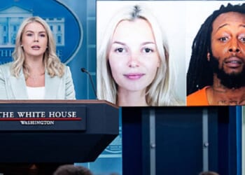 White House Press Secretary Karoline Leavitt is pictured in a September file photo with pictures of murder victim Iryna Zarutska and accused murderer Decarlos Brown Jr.