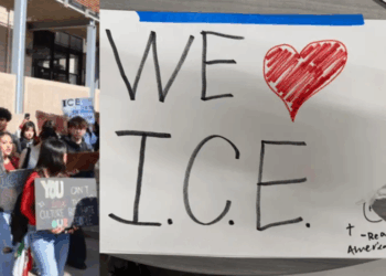 (L) Students hold anti-ICE signs. (Photo via FIRE) / (R) A sign reads "We [heart] I.C.E. - Real Americans. (Photo via FIRE)