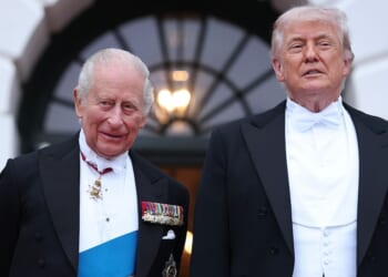 President Donald Trump welcomes King Charles III to the White House for a state dinner on April 28, 2026, in Washington, D.C.