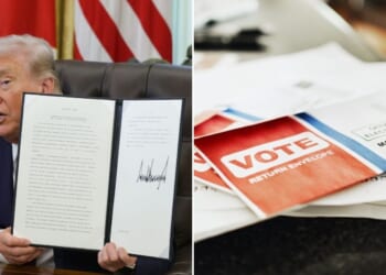 President Donald Trump signed an executive order to limit and better regulate mail-in voting in the Oval Office of the White House on March 31, 2026.