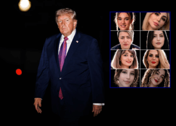 (Background) U.S. President Donald Trump walks across the South Lawn towards the White House after landing in Marine One on April 17, 2026 in Washington, DC. The President is returning to Washington after speaking at a Turning Point USA event in Phoenix, Arizona. (Photo by Samuel Corum/Getty Images) / (R) Photo of Bita Hemmati, Diana Taherabadi, Mahboubeh Shabani, Golnaz Naraghi,Venus Hosseininejad, Ghazal Ghalandari, Panah Movahedi and Ensieh Nejat, who were allegedly slated for execution by the Islamic regime in Iran. (via: Eyal Yakoby, @Eyakoby; X)