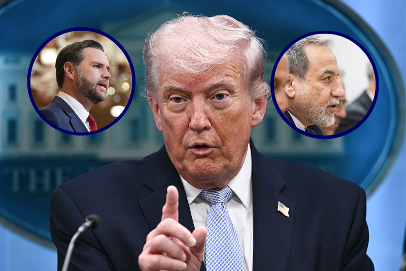 (L) Vice President JD Vance speaks during a news conference after meeting with representatives from Pakistan and Iran, April 12, 2026 in Islamabad, Pakistan. (Photo by Jacquelyn Martin - Pool/Getty Images) / (R) Iran's Foreign Minister Abbas Araghchi speaks during a bilateral meeting between Switzerland and Iran during a second round of US-Iranian talks with Washington pushing Tehran to make a deal to limit its nuclear programme, in Geneva on February 17, 2026. (Photo by CYRIL ZINGARO / POOL / AFP via Getty Images) / (Background) US President Donald Trump speaks about the conflict in Iran in the James S. Brady Press Briefing Room of the White House on April 6, 2026, in Washington, DC. (Photo by Brendan SMIALOWSKI / AFP via Getty Images)