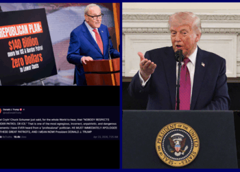 (L Top) Senate Minority Leader Chuck Schumer (D-NY) speaks during a press conference at the U.S. Capitol on April 22, 2026 in Washington, DC. Senate Democrats discussed DHS funding and amendments they plan to propose. (Photo by Heather Diehl/Getty Images) / (L Bottom) President Donald Trump Truth Social post / (R) U.S. President Donald Trump makes remarks as he hosts NCAA champion athletes during a NCAA Collegiate National Champions Day event in the State Dining Room at the White House on April 21, 2026 in Washington, DC. The White House hosted more than 100 champion collegiate student athletes during their annual NCAA Collegiate National Champions Day. (Photo by Alex Wong/Getty Images)