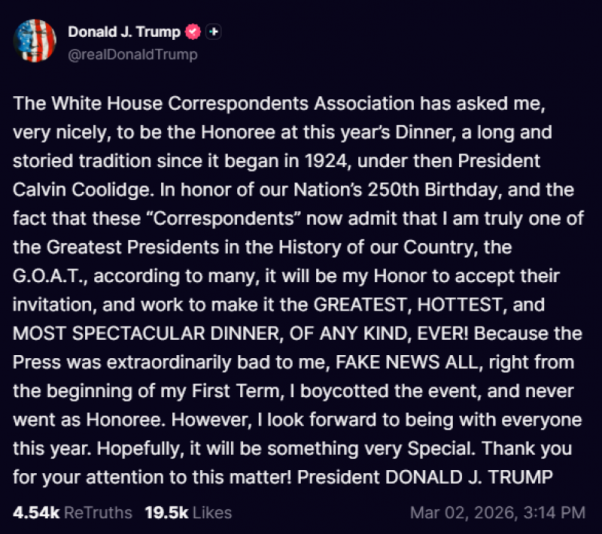 Trump Truth Social post 
(via: President Donald Trump; Truth Social)