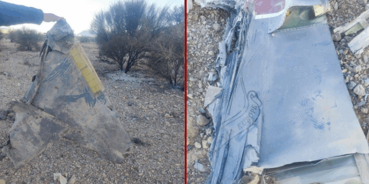 (L) Image of wreckage published by Iranian state media (via: Press TV; X) / (R) Image of wreckage published by Iranian state media (via: Press TV; X)