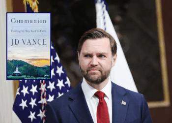 (Background) U.S. Vice President JD Vance listens as Colin McDonald speaks after being sworn in to be the assistant Attorney General for fraud enforcement at the Department of Justice in the Indian Treaty Room of the Eisenhower Executive Office Building on April 01, 2026 in Washington, DC. McDonald, a longtime federal prosecutor was confirmed by the Senate to lead the new program within the department to investigate fraud in government program. (Photo by Anna Moneymaker/Getty Images) / (L) Cover artwork for “Communion: Finding My Way Back to Faith” by Vice President JD Vance (via: Amazon)
