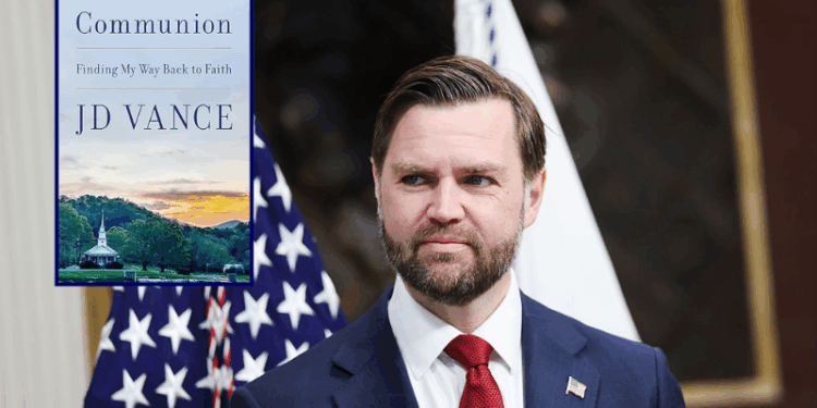(Background) U.S. Vice President JD Vance listens as Colin McDonald speaks after being sworn in to be the assistant Attorney General for fraud enforcement at the Department of Justice in the Indian Treaty Room of the Eisenhower Executive Office Building on April 01, 2026 in Washington, DC. McDonald, a longtime federal prosecutor was confirmed by the Senate to lead the new program within the department to investigate fraud in government program. (Photo by Anna Moneymaker/Getty Images) / (L) Cover artwork for “Communion: Finding My Way Back to Faith” by Vice President JD Vance (via: Amazon)