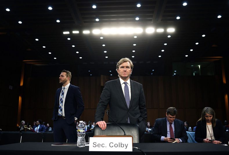 WASHINGTON, DC - MARCH 03: U.S. Under Secretary of Defense for Policy Elbridge Colby arrives to testify before the Senate Armed Services Committee at the Hart Senate Office Building on March 03, 2026 in Washington, DC. The Committee met to examine an update on the National Defense Strategy. (Photo by Kevin Dietsch/Getty Images)