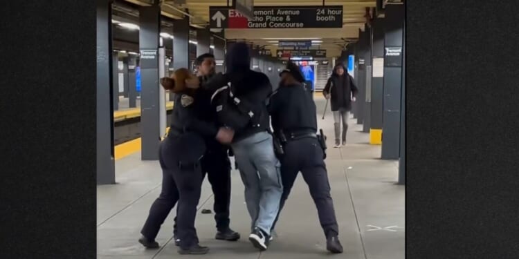 The three New York Police Department officers failed to restrain the suspect, who shook them off and walked away.