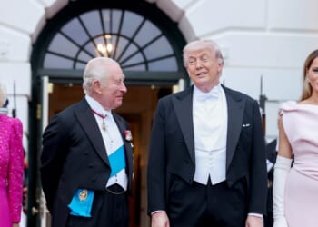 President Donald Trump and First Lady Melania Trump welcome Queen Camilla and King Charles III to the White House for a state dinner on April 28, 2026, in Washington, D.C.