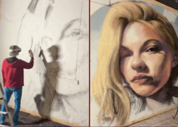 (L) Screen capture of the work-in-progress of a Mural honoring Ukrainian refugee Iryna Zarutska (via: Ian M. Gaudreau; X) / (R) Screen capture of the work-in-progress of a Mural honoring Ukrainian refugee Iryna Zarutska (via: Ian M. Gaudreau; X)