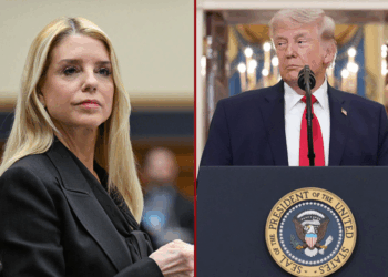 (L) US Attorney General Pam Bondi testifies before a House Judiciary Committee hearing on "Oversight of the Department of Justice" on Capitol Hill in Washington, DC, on February 11, 2026. (Photo by ROBERTO SCHMIDT / AFP via Getty Images) / (R) U.S. President Donald Trump pauses as he finishes speaking about the Iran war from the Cross Hall of the White House on April 1, 2026 in Washington, DC. Trump used the prime-time address to update the nation on the war in Iran. (Photo by Alex Brandon-Pool/Getty Images)