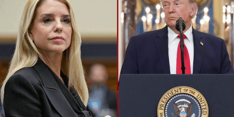 (L) US Attorney General Pam Bondi testifies before a House Judiciary Committee hearing on "Oversight of the Department of Justice" on Capitol Hill in Washington, DC, on February 11, 2026. (Photo by ROBERTO SCHMIDT / AFP via Getty Images) / (R) U.S. President Donald Trump pauses as he finishes speaking about the Iran war from the Cross Hall of the White House on April 1, 2026 in Washington, DC. Trump used the prime-time address to update the nation on the war in Iran. (Photo by Alex Brandon-Pool/Getty Images)