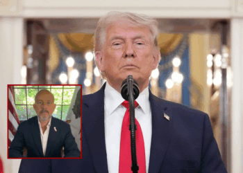 (Background) President Donald Trump pauses as he finishes speaking about the Iran war from the Cross Hall of the White House on Wednesday, April 1, 2026, in Washington. Trump used the prime-time address to update the nation on the war in Iran. (Photo by Alex Brandon-Pool/Getty Images) / (L) Screen capture of Steve Hilton campaign video for California Governor race (via: Steve Hilton; X)