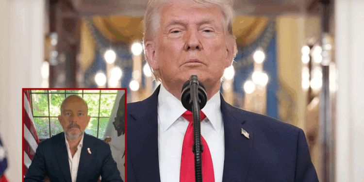 (Background) President Donald Trump pauses as he finishes speaking about the Iran war from the Cross Hall of the White House on Wednesday, April 1, 2026, in Washington. Trump used the prime-time address to update the nation on the war in Iran. (Photo by Alex Brandon-Pool/Getty Images) / (L) Screen capture of Steve Hilton campaign video for California Governor race (via: Steve Hilton; X)