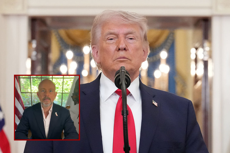 (Background) President Donald Trump pauses as he finishes speaking about the Iran war from the Cross Hall of the White House on Wednesday, April 1, 2026, in Washington. Trump used the prime-time address to update the nation on the war in Iran. (Photo by Alex Brandon-Pool/Getty Images) / (L) Screen capture of Steve Hilton campaign video for California Governor race (via: Steve Hilton; X)