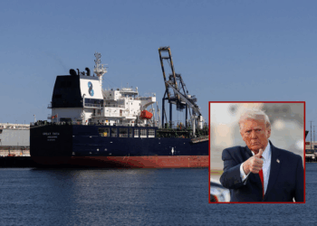 (R) U.S. President Donald Trump waves to the media after walking off of Air Force One at Miami International Airport on April 11, 2026 in Miami, Florida. President Trump came to town to attend a UFC Fight. (Photo by Tasos Katopodis/Getty Images) / (Background) Singaporean oil tanker "Great Thita" is moored at the port of Los Angeles, on April 11, 2026. (Photo by ETIENNE LAURENT / AFP via Getty Images)