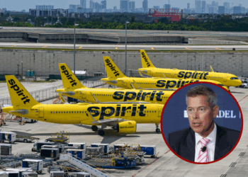 (Background) Spirit Airlines jets sat on the tarmac as the company ceased operations at Fort Lauderdale-Hollywood International Airport in Fort Lauderdale, Florida, on May 2, 2026. US air carriers mobilized Saturday to help passengers and crew members stranded by the overnight shutdown of Spirit Airlines, after last-minute talks with creditors and the White House collapsed. The budget airline known for its bright yellow planes succumbed to crushing fuel prices and announced in the early hours of Saturday that "all flights have been canceled, and customer service is no longer available" as it "started winding down its global operations, effective immediately." (Photo by GIORGIO VIERA / AFP via Getty Images) / U.S. Secretary of Transportation Sean Duffy speaks at the Semafor World Economy 2026 summit on April 17, 2026 in Washington, DC. The summit brings together business leaders and tech CEOs for discussions on economy, artificial intelligence and business trends. (Photo by Alex Wong/Getty Images)