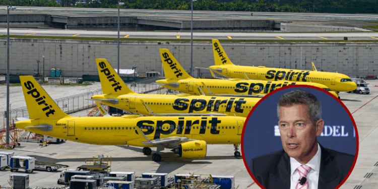 (Background) Spirit Airlines jets sat on the tarmac as the company ceased operations at Fort Lauderdale-Hollywood International Airport in Fort Lauderdale, Florida, on May 2, 2026. US air carriers mobilized Saturday to help passengers and crew members stranded by the overnight shutdown of Spirit Airlines, after last-minute talks with creditors and the White House collapsed. The budget airline known for its bright yellow planes succumbed to crushing fuel prices and announced in the early hours of Saturday that "all flights have been canceled, and customer service is no longer available" as it "started winding down its global operations, effective immediately." (Photo by GIORGIO VIERA / AFP via Getty Images) / U.S. Secretary of Transportation Sean Duffy speaks at the Semafor World Economy 2026 summit on April 17, 2026 in Washington, DC. The summit brings together business leaders and tech CEOs for discussions on economy, artificial intelligence and business trends. (Photo by Alex Wong/Getty Images)