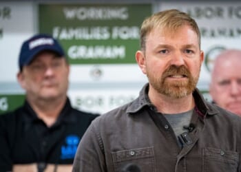 Senate candidate Graham Platner speaks during a campaign event with the Maine AFL-CIO, on May 1, 2026, in Portland, Maine.